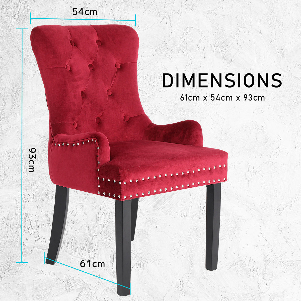 4X French Provincial Dining Chair Ring Studded Velvet Rubberwood Leg LISSE BORDEAUX RED