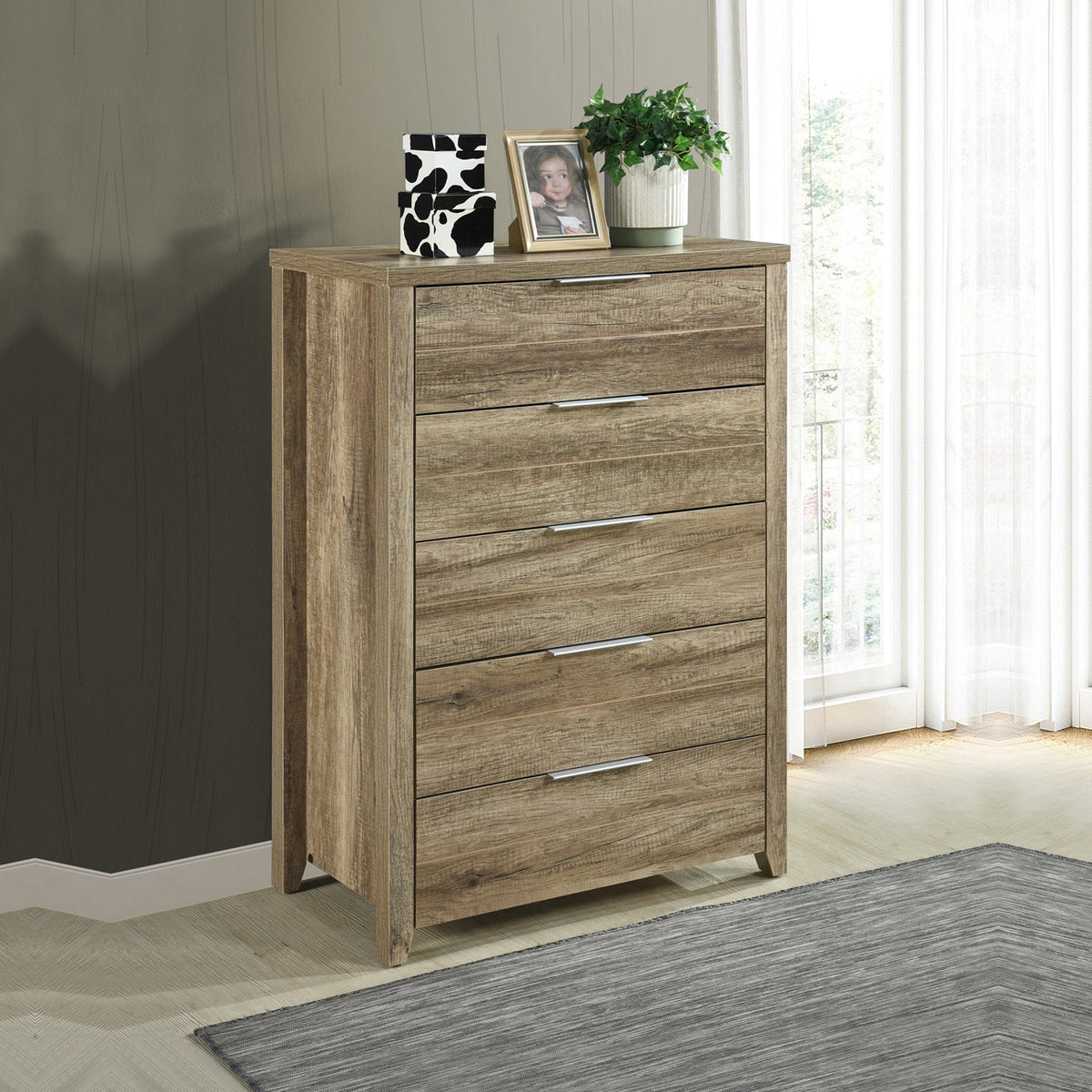 4 Pieces Bedroom Suite Natural Wood Like MDF Structure Queen Size Oak Colour Bed, Bedside Table & Tallboy