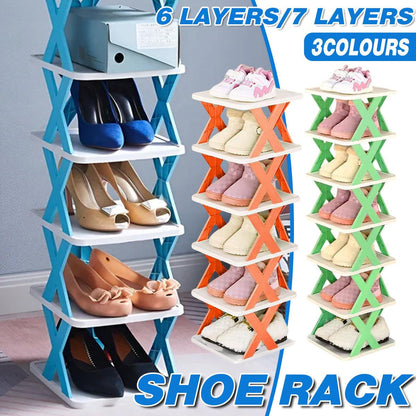 6/7 Tier Shoe Rack Space Saving Small Shoe Cabinet Storage Shelf Organizer - Blue-7 Layer