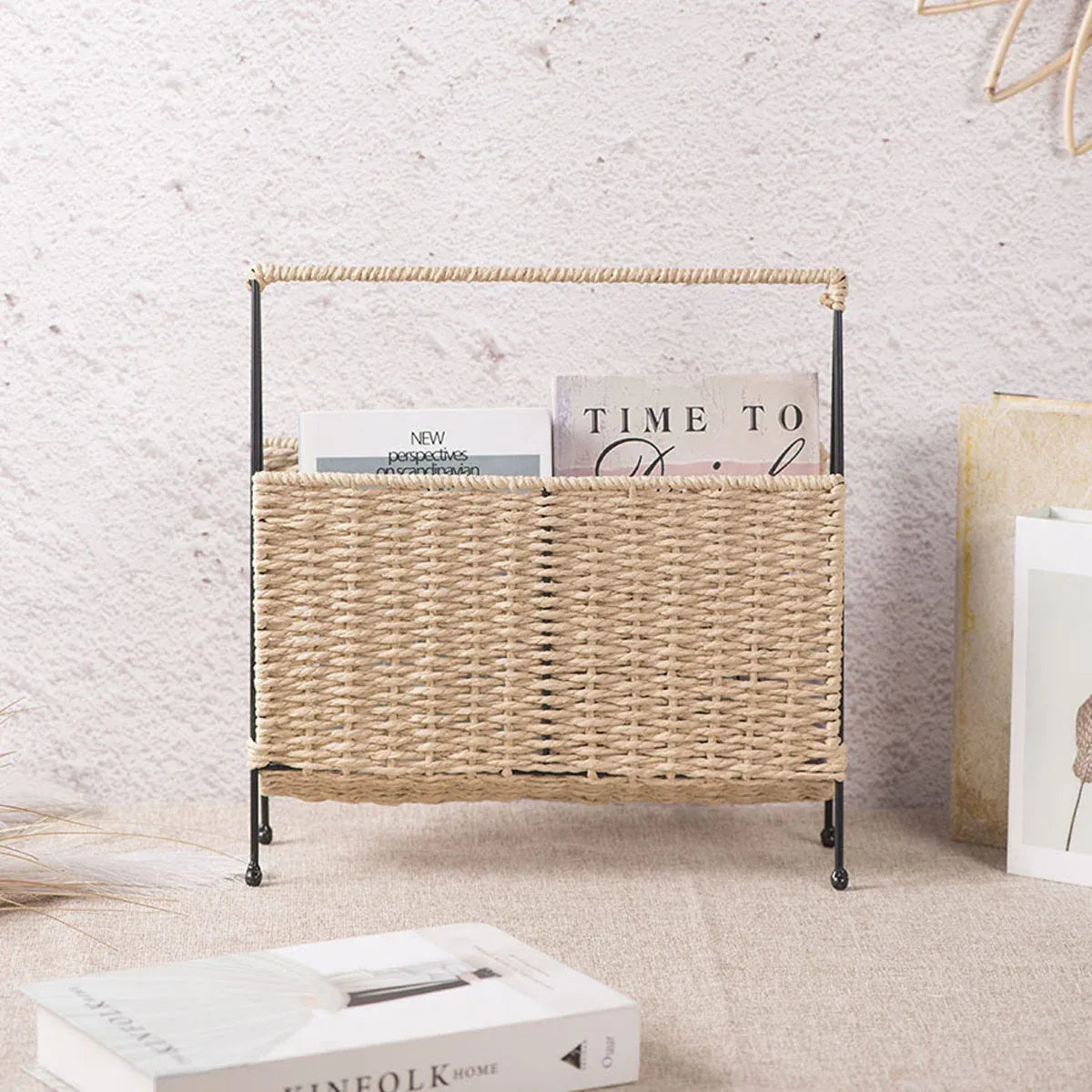 Natural Handwoven Magazine Rack Tabletop Bookshelf Newspaper Storage Basket