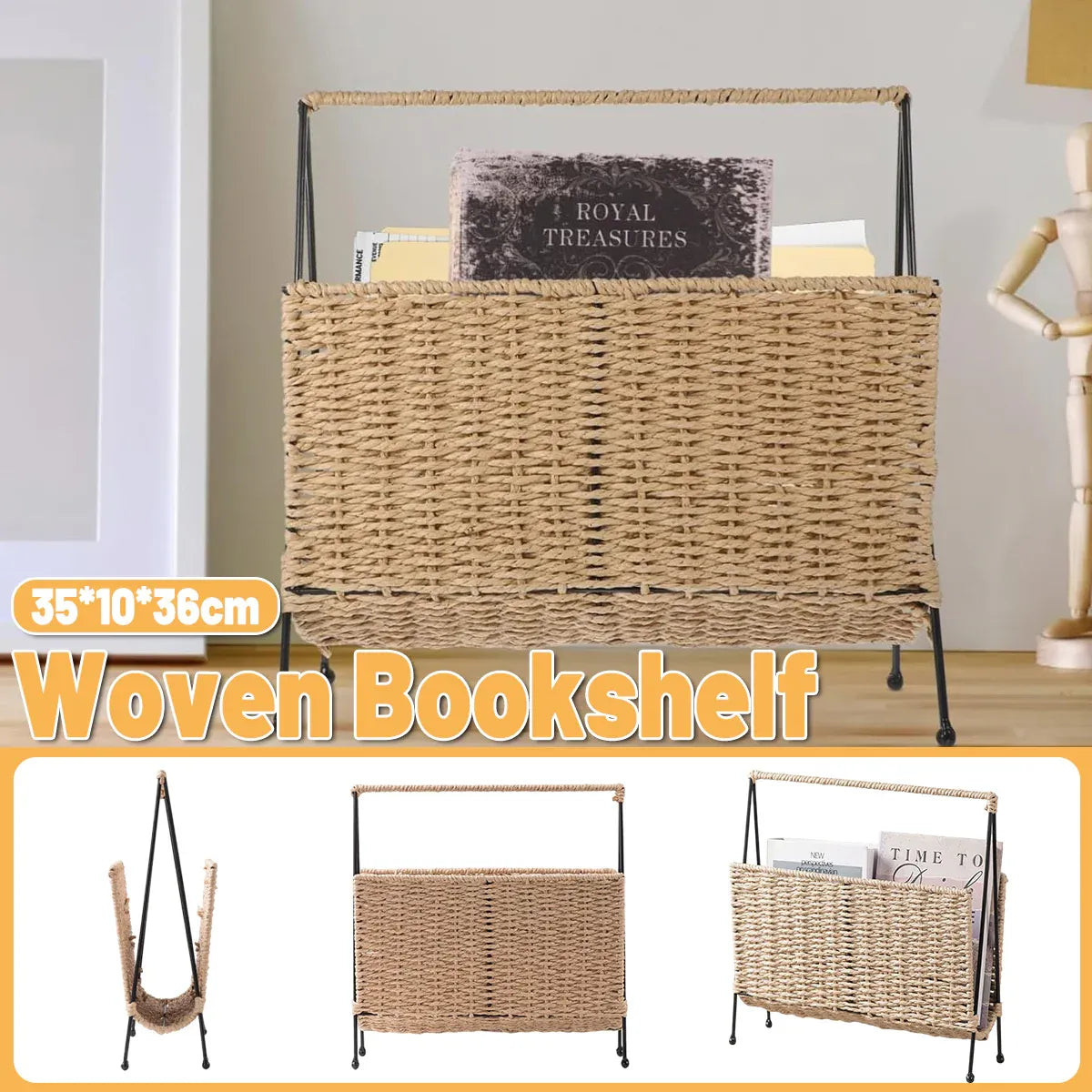 Natural Handwoven Magazine Rack Tabletop Bookshelf Newspaper Storage Basket