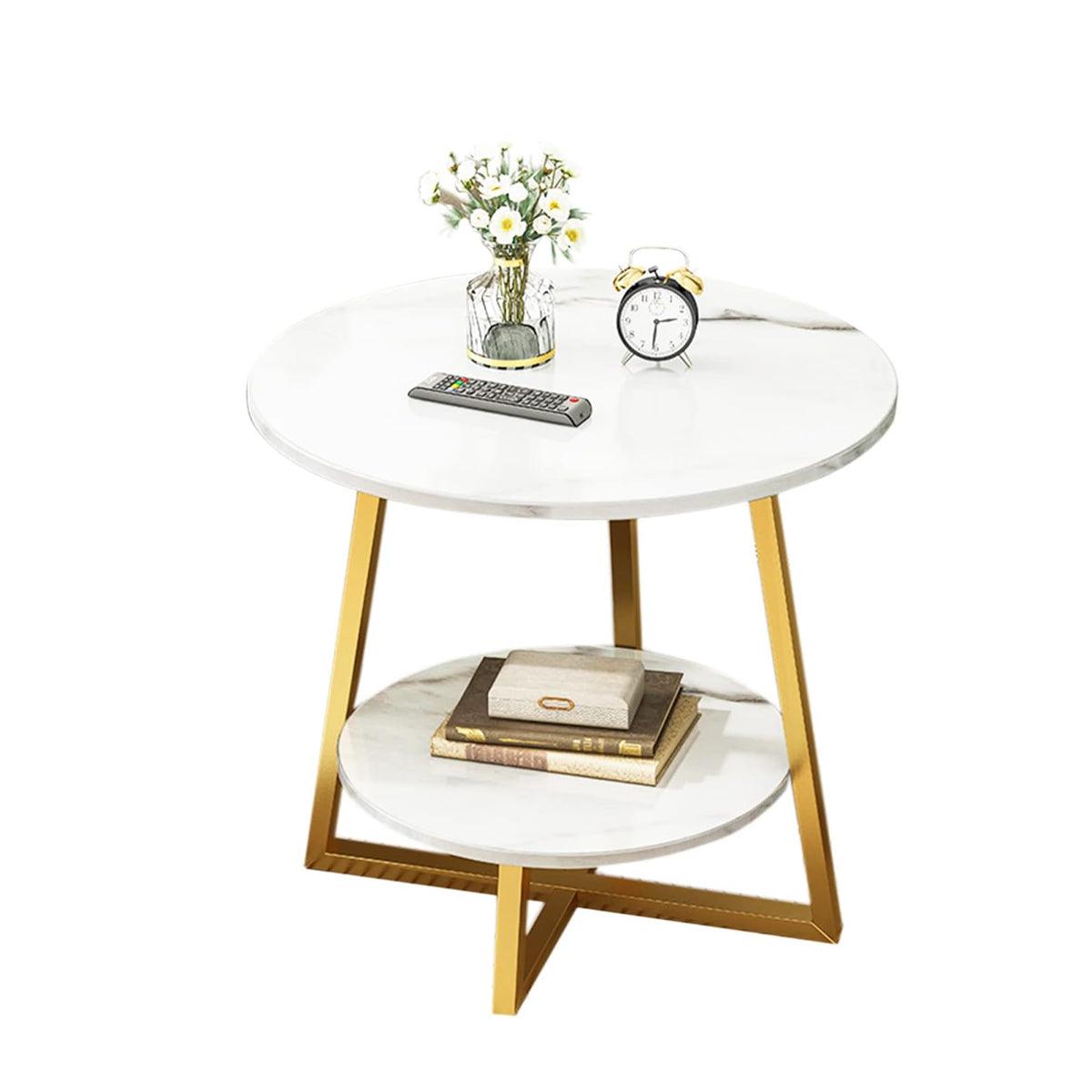 Round Side Table 2 Tier White Nightstand Coffee Sofa End Table Marble Design