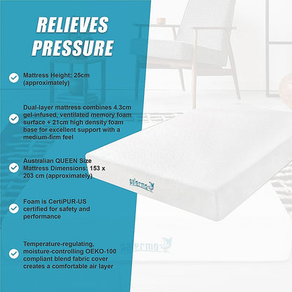 Queen 25cm Gel Memory Foam Mattress – Dual-Layered Comfort with CertiPUR-US® Certified Foam