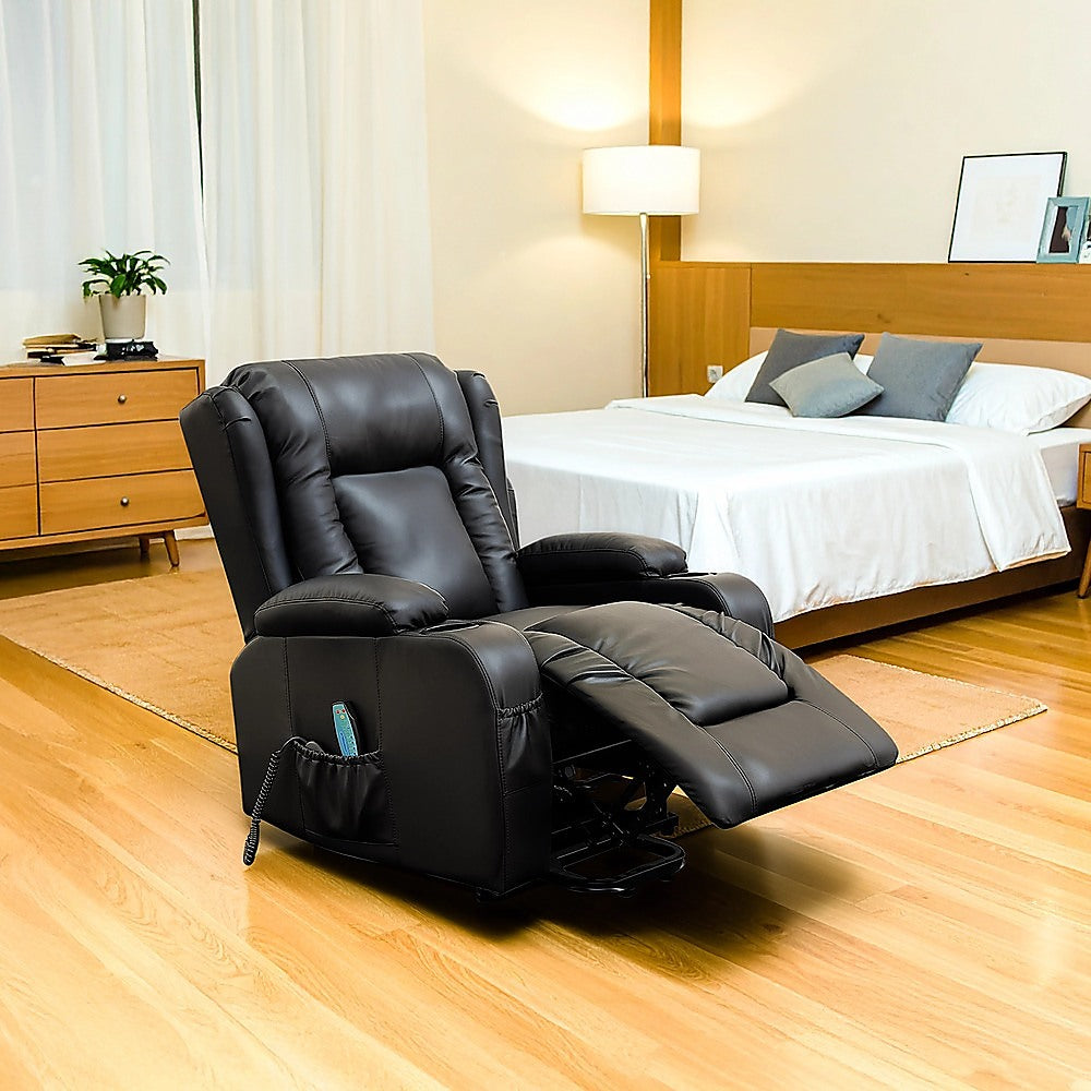Recliner Chair – Electric Massage Lift Chair with Heat Function PU Leather Lounge Sofa Black
