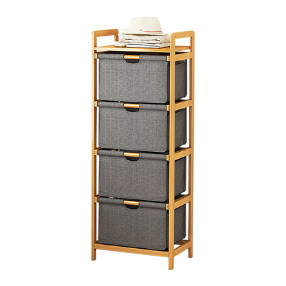Bamboo Shelf with Storage Hamper – Wooden Organiser with 4 Laundry Bags