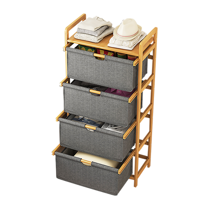 Bamboo Shelf with Storage Hamper – Wooden Organiser with 4 Laundry Bags