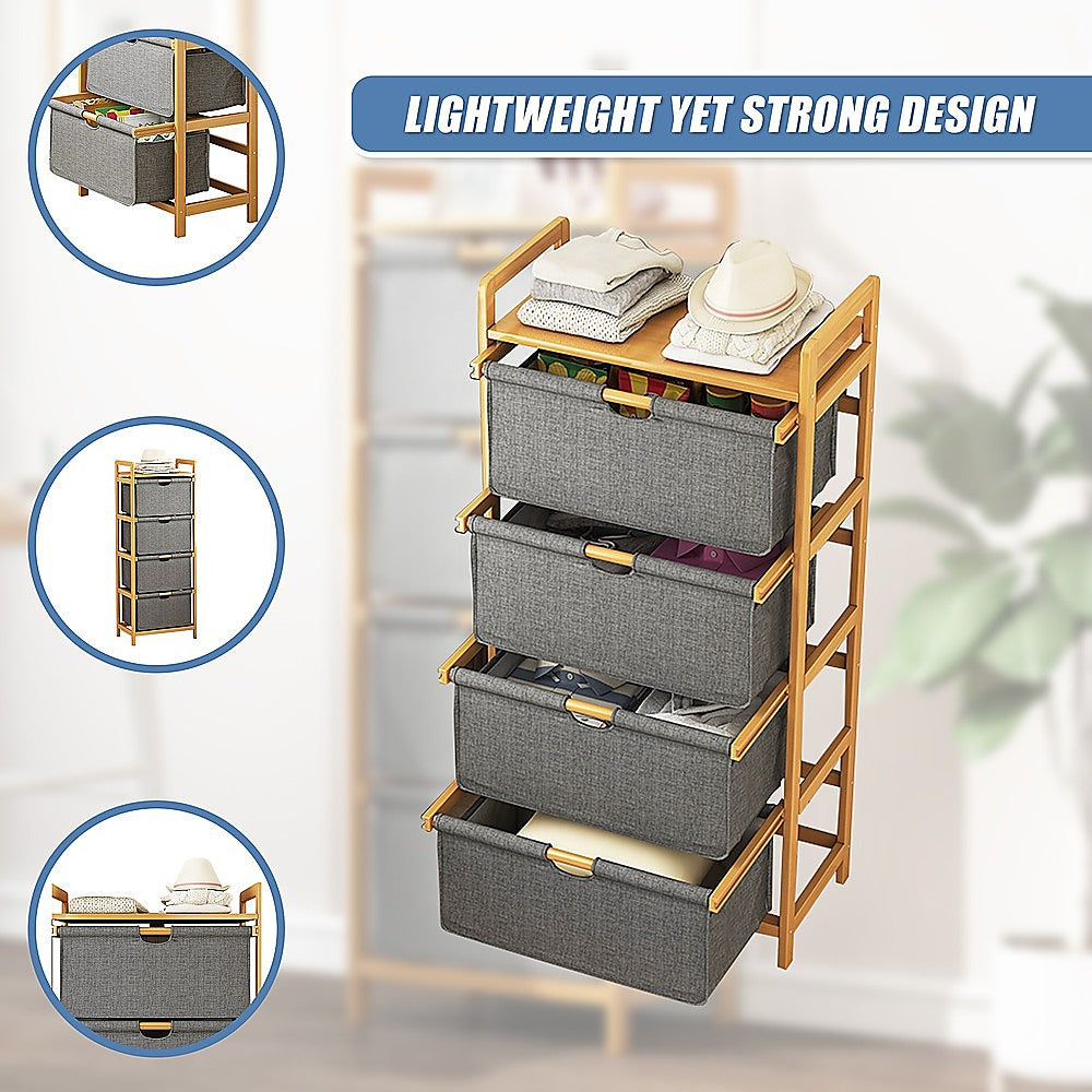 Bamboo Shelf with Storage Hamper – Wooden Organiser with 4 Laundry Bags