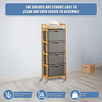 Bamboo Shelf with Storage Hamper – Wooden Organiser with 4 Laundry Bags