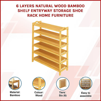 6 Layers Natural Wood Bamboo Shelf Entryway Storage Shoe Rack Home Furniture