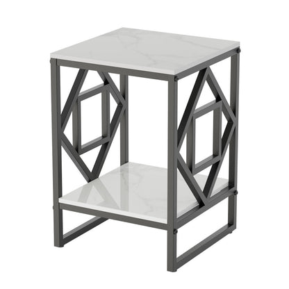 Sleek White Marble Side Table Sofa End Table Bedside Nightstand w Durable Frame