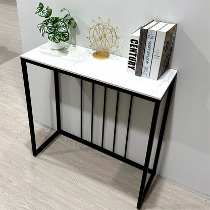 80cm White & Grey Sintered Stone Console Table Storage Table Behind Sofa W/ Black Metal Frame