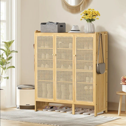 Modern Bamboo Shoe Rack Storage Cabinet with 3 Woven Rattan Doors, 5-Tier Shoe Organizer Shelf Cupboard for Entryway, Hallway, Bedroom - Natural Wood