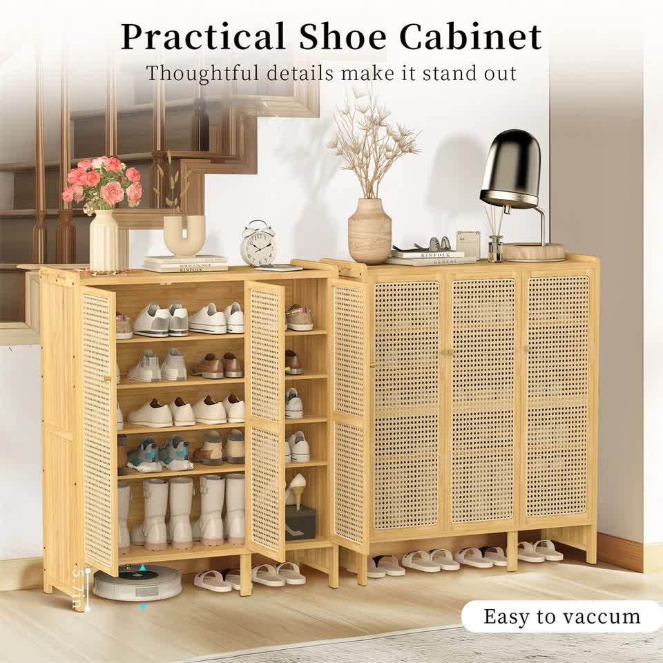 Modern Bamboo Shoe Rack Storage Cabinet with 3 Woven Rattan Doors, 5-Tier Shoe Organizer Shelf Cupboard for Entryway, Hallway, Bedroom - Natural Wood