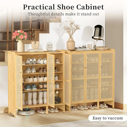 Modern Bamboo Shoe Rack Storage Cabinet with 3 Woven Rattan Doors, 5-Tier Shoe Organizer Shelf Cupboard for Entryway, Hallway, Bedroom - Natural Wood