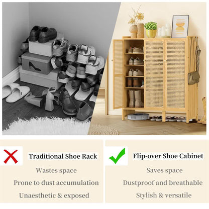 Modern Bamboo Shoe Rack Storage Cabinet with 3 Woven Rattan Doors, 5-Tier Shoe Organizer Shelf Cupboard for Entryway, Hallway, Bedroom - Natural Wood