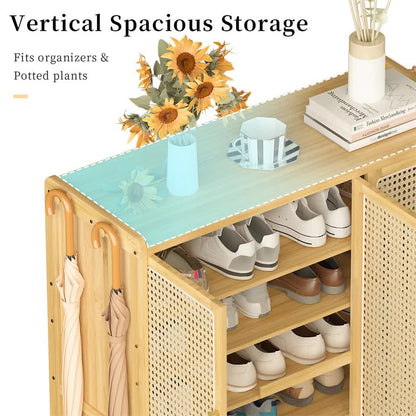 Modern Bamboo Shoe Rack Storage Cabinet with 3 Woven Rattan Doors, 5-Tier Shoe Organizer Shelf Cupboard for Entryway, Hallway, Bedroom - Natural Wood