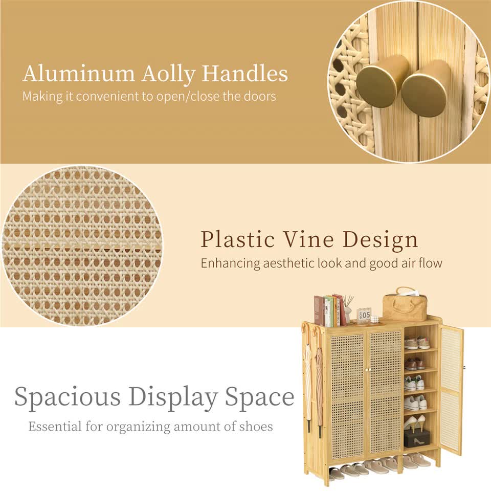 Modern Bamboo Shoe Rack Storage Cabinet with 3 Woven Rattan Doors, 5-Tier Shoe Organizer Shelf Cupboard for Entryway, Hallway, Bedroom - Natural Wood