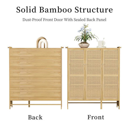 Modern Bamboo Shoe Rack Storage Cabinet with 3 Woven Rattan Doors, 5-Tier Shoe Organizer Shelf Cupboard for Entryway, Hallway, Bedroom - Natural Wood