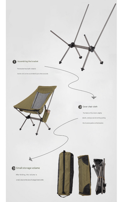 Khaki Lightweight Portable Folding Camping Chair - High-Back Aluminum Alloy Moon Chair with Oxford Fabric, Side Pocket & Carry Bag for Outdoor, Beach, Fishing