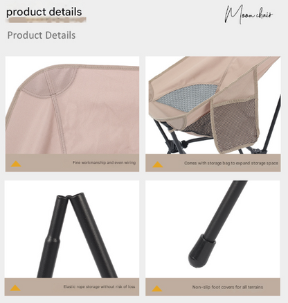 Khaki Lightweight Portable Camping Chair - Adjustable Height Folding Moon Chair with Breathable Mesh & Carry Bag for Outdoor, Beach, Fishing