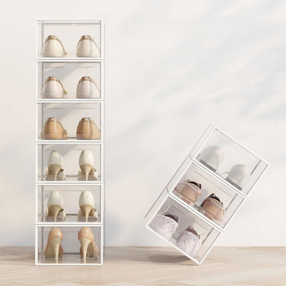 2-Pack White Clear Stackable Shoe Storage Organizer Boxes - Durable Plastic Sneaker Display and Closet Storage Containers with Magnetic Drop Front