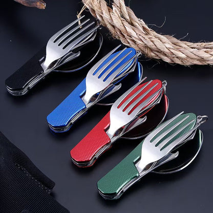 2-PCS Green Stainless Steel Folding Cutlery Set – Compact 3-in-1 Knife, Fork, Spoon with Removable Design for Outdoor Camping, Hiking, Travel, and Picnic Use