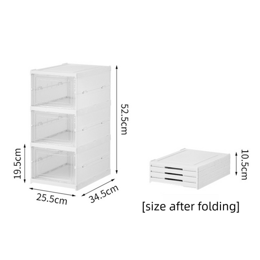 White 3-Layer Foldable Shoe Storage Tower with Transparent Display Panel & Back Ventilation - One-Pull Instant Setup Stackable Box (25.5x34.5x52.5CM)