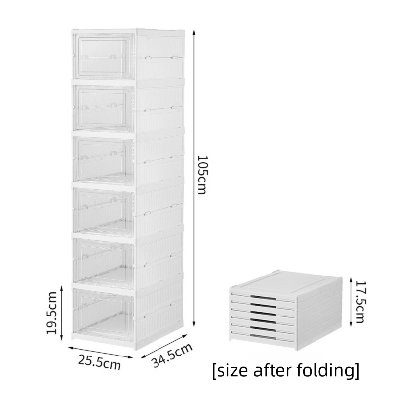 White 6-Layer Foldable Shoe Storage Tower with Transparent Display Panel & Back Ventilation - One-Pull Instant Setup Stackable Box (25.5x34.5x105CM)
