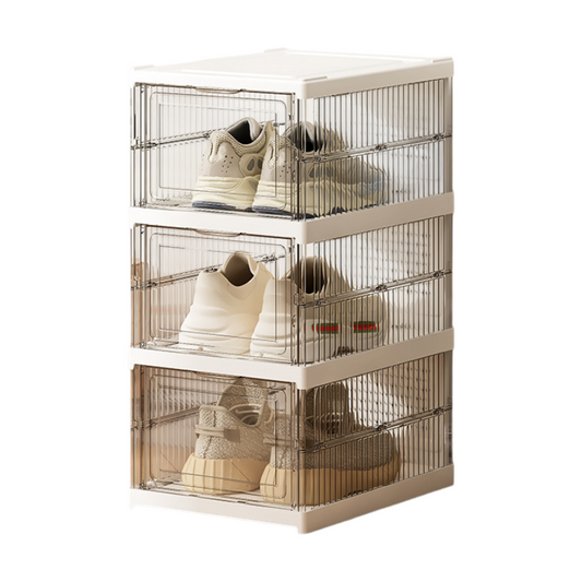 Transparent 3-Layer Foldable Shoe Storage Tower with Transparent Display Panel & Back Ventilation - One-Pull Instant Setup Stackable Box (25.5x34.5x52.5CM)