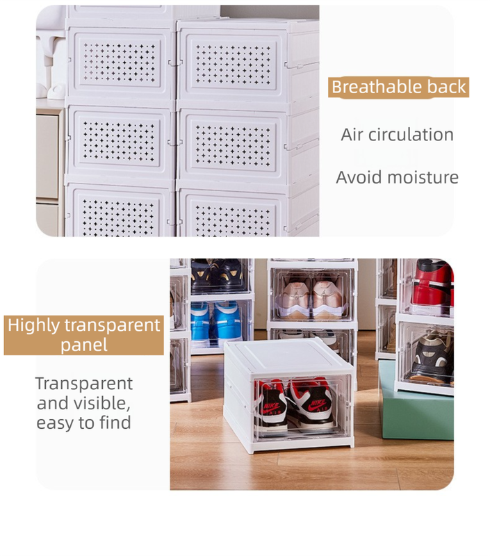 Transparent 6-Layer Foldable Shoe Storage Tower with Transparent Display Panel & Back Ventilation - One-Pull Instant Setup Stackable Box (25.5x34.5x105CM)