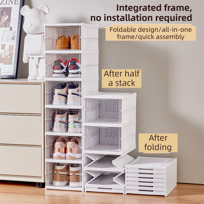 Transparent Grey 3-Layer Foldable Shoe Storage Tower with Transparent Display Panel & Back Ventilation - One-Pull Instant Setup Stackable Box (25.5x34.5x52.5CM)