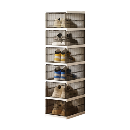 Transparent Grey 6-Layer Foldable Shoe Storage Tower with Transparent Display Panel & Back Ventilation - One-Pull Instant Setup Stackable Box (25.5x34.5x105CM)