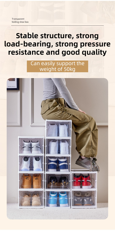 Transparent Brown 3-Layer Foldable Shoe Storage Tower with Transparent Display Panel & Back Ventilation - One-Pull Instant Setup Stackable Box (25.5x34.5x52.5CM)