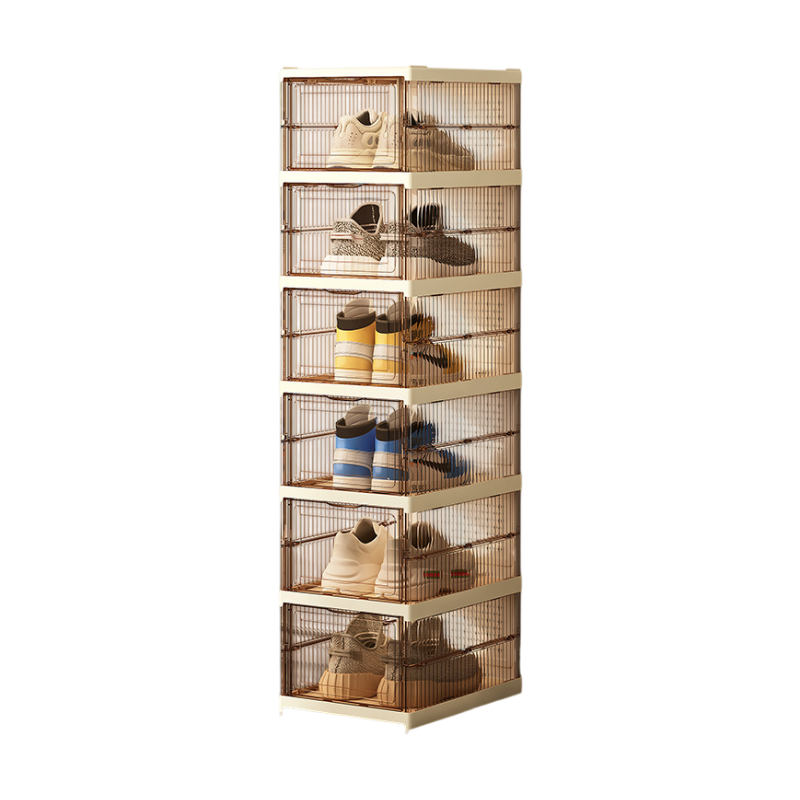 Transparent Brown 6-Layer Foldable Shoe Storage Tower with Transparent Display Panel & Back Ventilation - One-Pull Instant Setup Stackable Box (25.5x34.5x105CM)