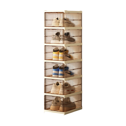 Transparent Brown 6-Layer Foldable Shoe Storage Tower with Transparent Display Panel & Back Ventilation - One-Pull Instant Setup Stackable Box (25.5x34.5x105CM)