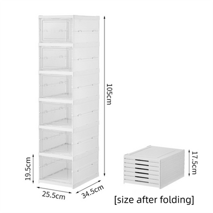 Transparent Brown 6-Layer Foldable Shoe Storage Tower with Transparent Display Panel & Back Ventilation - One-Pull Instant Setup Stackable Box (25.5x34.5x105CM)