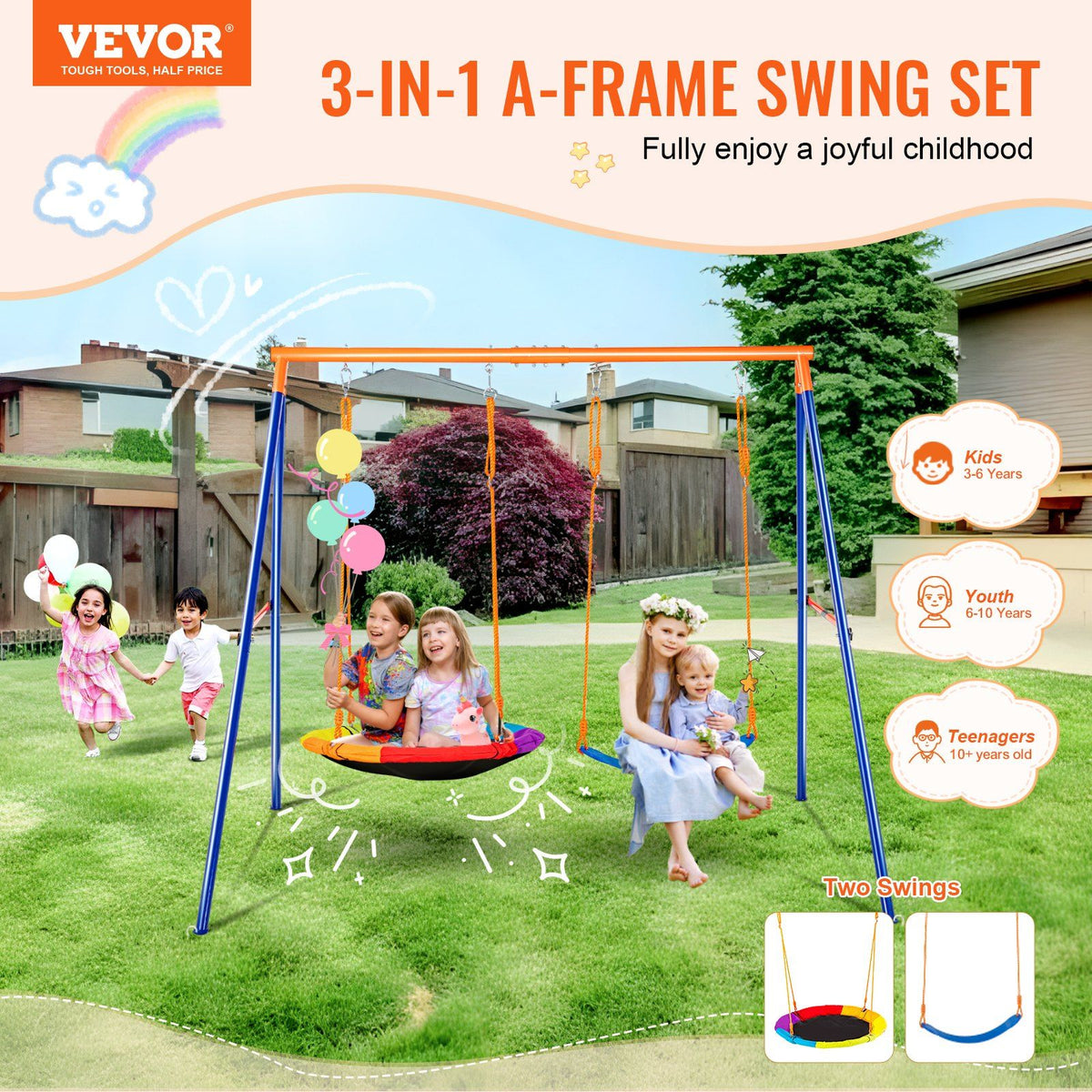 Swing Sets for Backyard, 440lbs Load Capacity Swing Set, with 1 Saucer Swing Seat, 1 Belt Swing Seat, Heavy Duty A-Frame Metal Swing Stand and Adjustable Rope, Swingset Outdoor for Kids