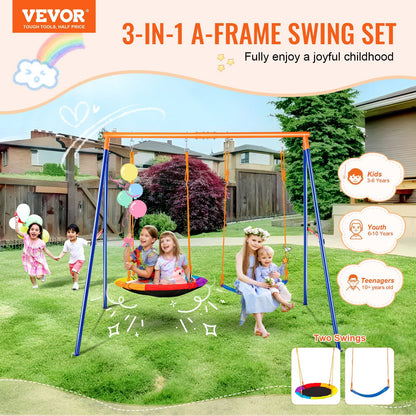 Swing Sets for Backyard, 440lbs Load Capacity Swing Set, with 1 Saucer Swing Seat, 1 Belt Swing Seat, Heavy Duty A-Frame Metal Swing Stand and Adjustable Rope, Swingset Outdoor for Kids