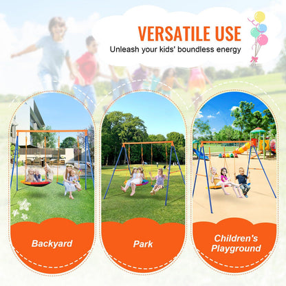 Swing Sets for Backyard, 440lbs Load Capacity Swing Set, with 1 Saucer Swing Seat, 1 Belt Swing Seat, Heavy Duty A-Frame Metal Swing Stand and Adjustable Rope, Swingset Outdoor for Kids