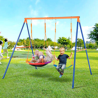 Swing Sets for Backyard, 440lbs Load Capacity Swing Set, with 1 Saucer Swing Seat, 1 Belt Swing Seat, Heavy Duty A-Frame Metal Swing Stand and Adjustable Rope, Swingset Outdoor for Kids