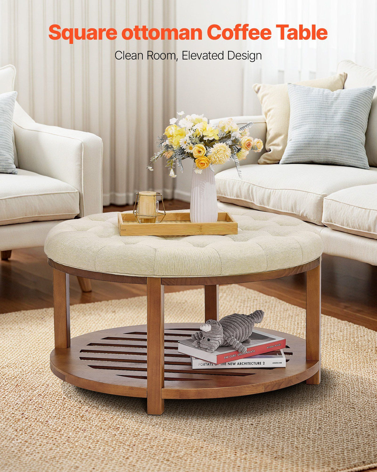 Large Round Ottoman Coffee Table, 81 cm Tufted Coffee Table with Solid Wood Shelf Storage, Linen Solid Upholstered Footrest Ottoman for Bedroom Living Room, 350 LBS, Linen Color