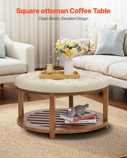 Large Round Ottoman Coffee Table, 81 cm Tufted Coffee Table with Solid Wood Shelf Storage, Linen Solid Upholstered Footrest Ottoman for Bedroom Living Room, 350 LBS, Linen Color