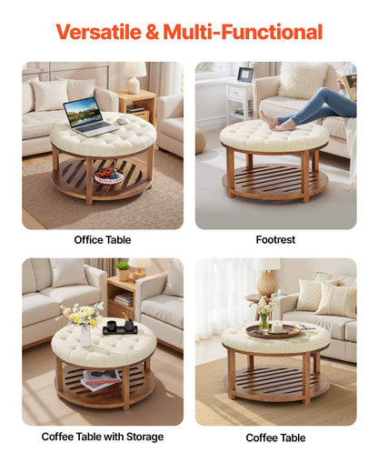 Large Round Ottoman Coffee Table, 81 cm Tufted Coffee Table with Solid Wood Shelf Storage, Linen Solid Upholstered Footrest Ottoman for Bedroom Living Room, 350 LBS, Linen Color