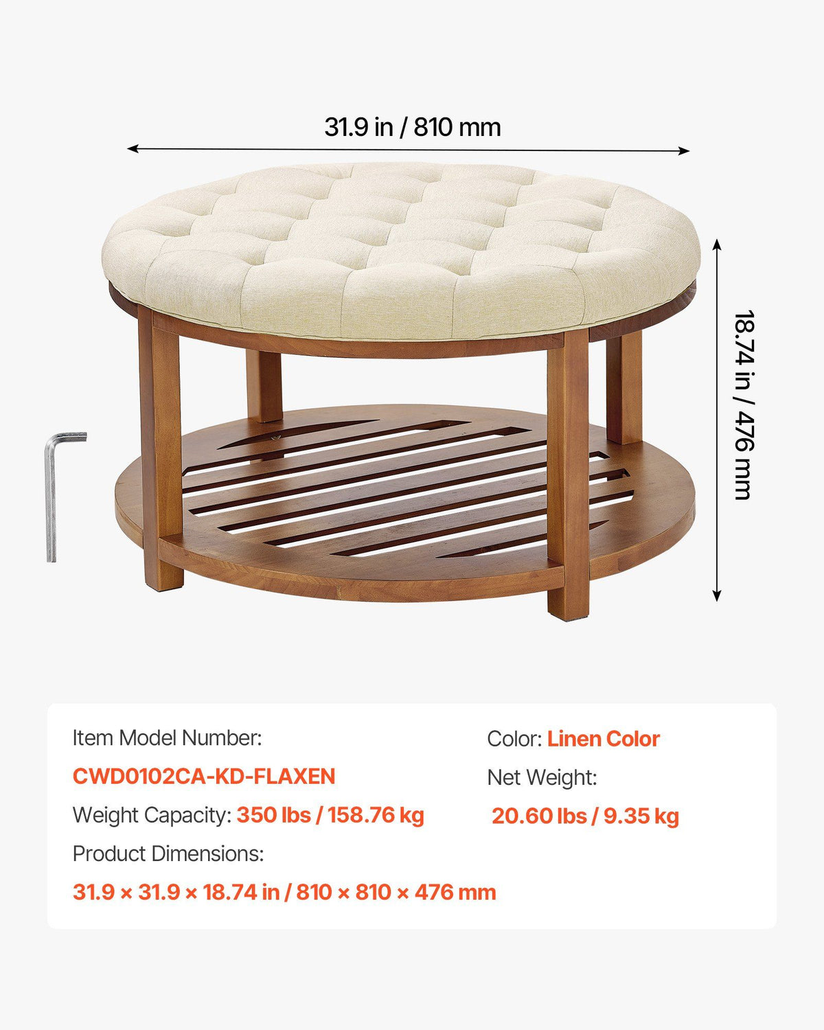 Large Round Ottoman Coffee Table, 81 cm Tufted Coffee Table with Solid Wood Shelf Storage, Linen Solid Upholstered Footrest Ottoman for Bedroom Living Room, 350 LBS, Linen Color