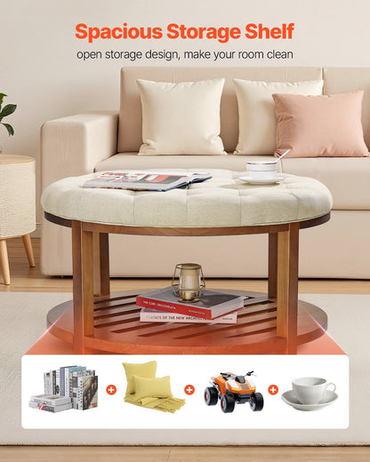 Large Round Ottoman Coffee Table, 81 cm Tufted Coffee Table with Solid Wood Shelf Storage, Linen Solid Upholstered Footrest Ottoman for Bedroom Living Room, 350 LBS, Linen Color