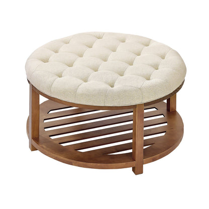 Large Round Ottoman Coffee Table, 81 cm Tufted Coffee Table with Solid Wood Shelf Storage, Linen Solid Upholstered Footrest Ottoman for Bedroom Living Room, 350 LBS, Linen Color