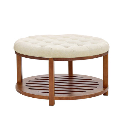 Large Round Ottoman Coffee Table, 81 cm Tufted Coffee Table with Solid Wood Shelf Storage, Linen Solid Upholstered Footrest Ottoman for Bedroom Living Room, 350 LBS, Linen Color