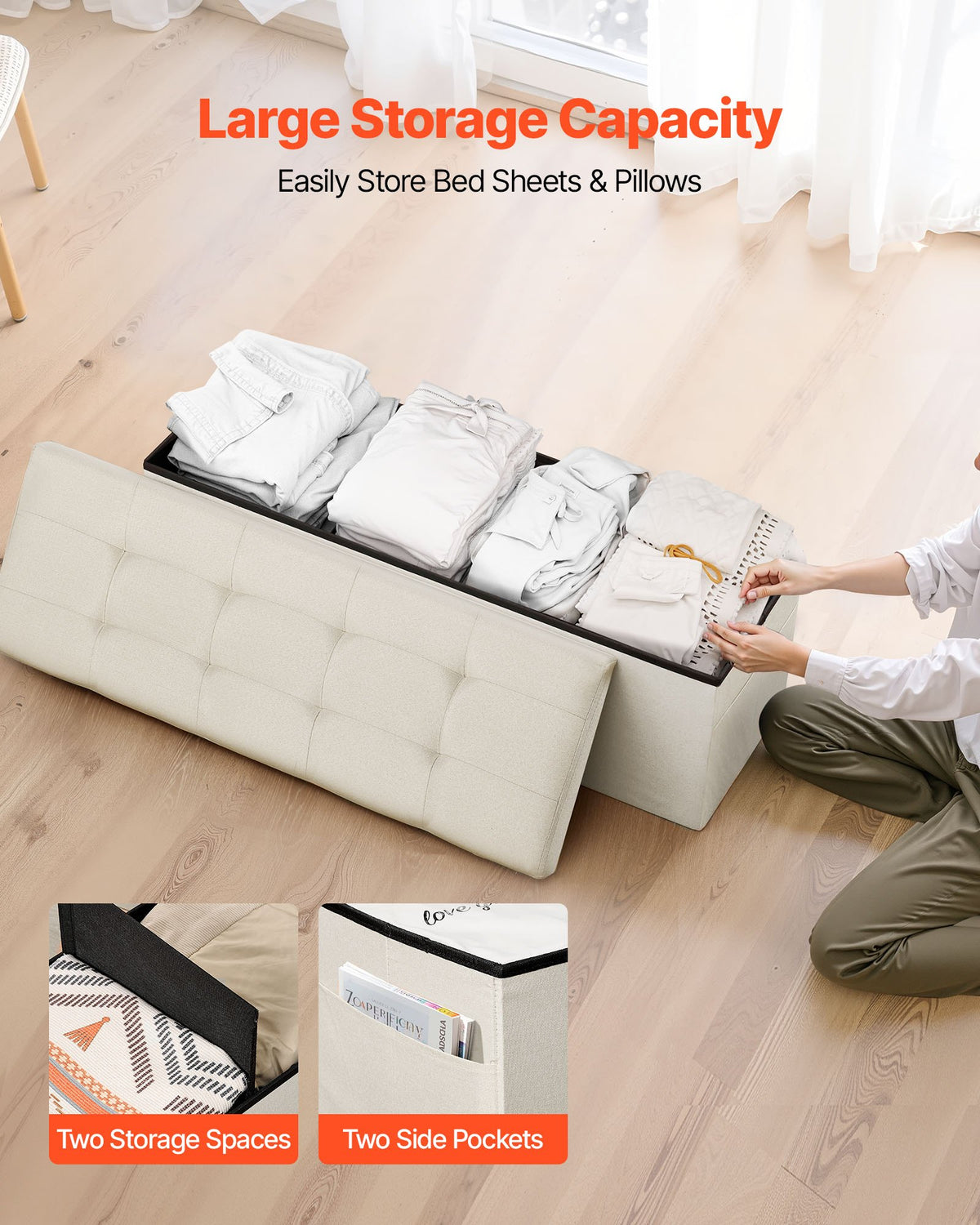 Foldable Storage Ottoman Bench, End of Bed Bench with Side Bags, Folding Upholstered Storage Chest Supports 660 lbs, Linen Bed Ottoman with Large Space for Living Room, Bedroom, Entryway, Beige