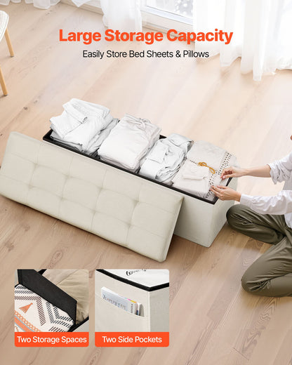 Foldable Storage Ottoman Bench, End of Bed Bench with Side Bags, Folding Upholstered Storage Chest Supports 660 lbs, Linen Bed Ottoman with Large Space for Living Room, Bedroom, Entryway, Beige