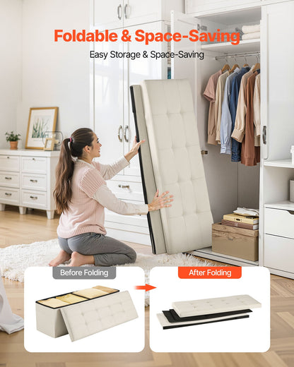 Foldable Storage Ottoman Bench, End of Bed Bench with Side Bags, Folding Upholstered Storage Chest Supports 660 lbs, Linen Bed Ottoman with Large Space for Living Room, Bedroom, Entryway, Beige